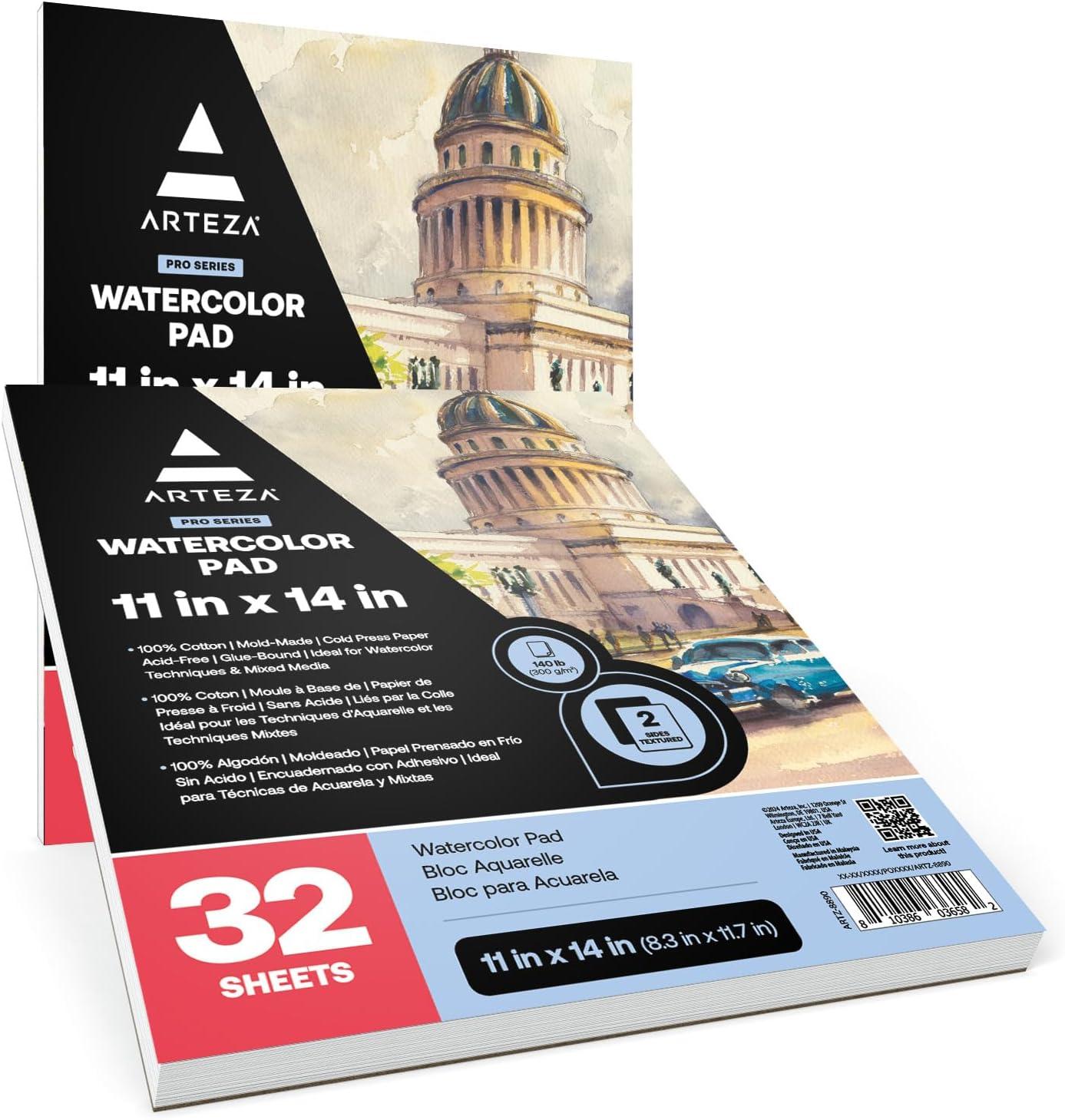 ARTEZA Watercolor Paper, Pack of 2, 32 Sheets Each, 11×14 Inches Watercolor Sketchbook, 140lb/300gsm, Cold Press, Acid Free Art Paper