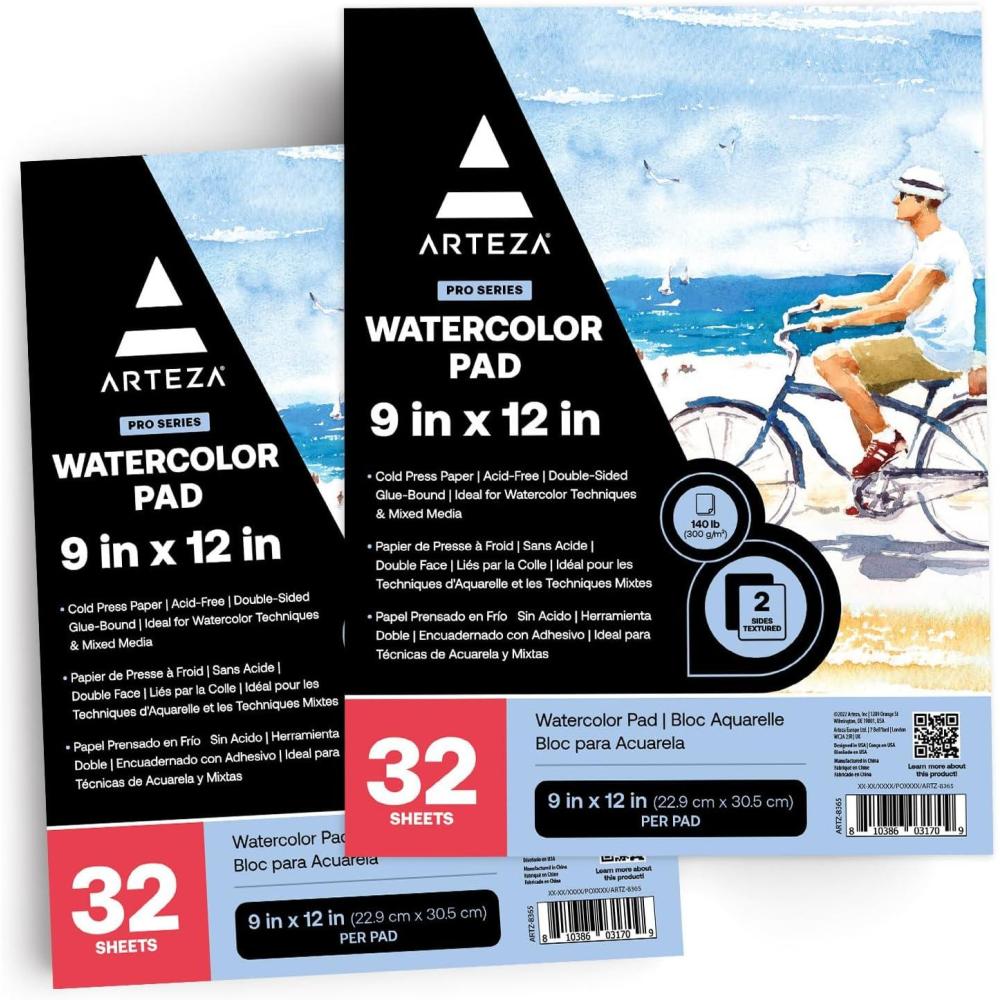 ARTEZA Watercolor Paper for Kids, 2 Pack, 30 Sheets Each, 9×12 Inches Water Pad, 135lb/200gsm, Glue Bound, Acid Free Kids Paper(64 Sheets)