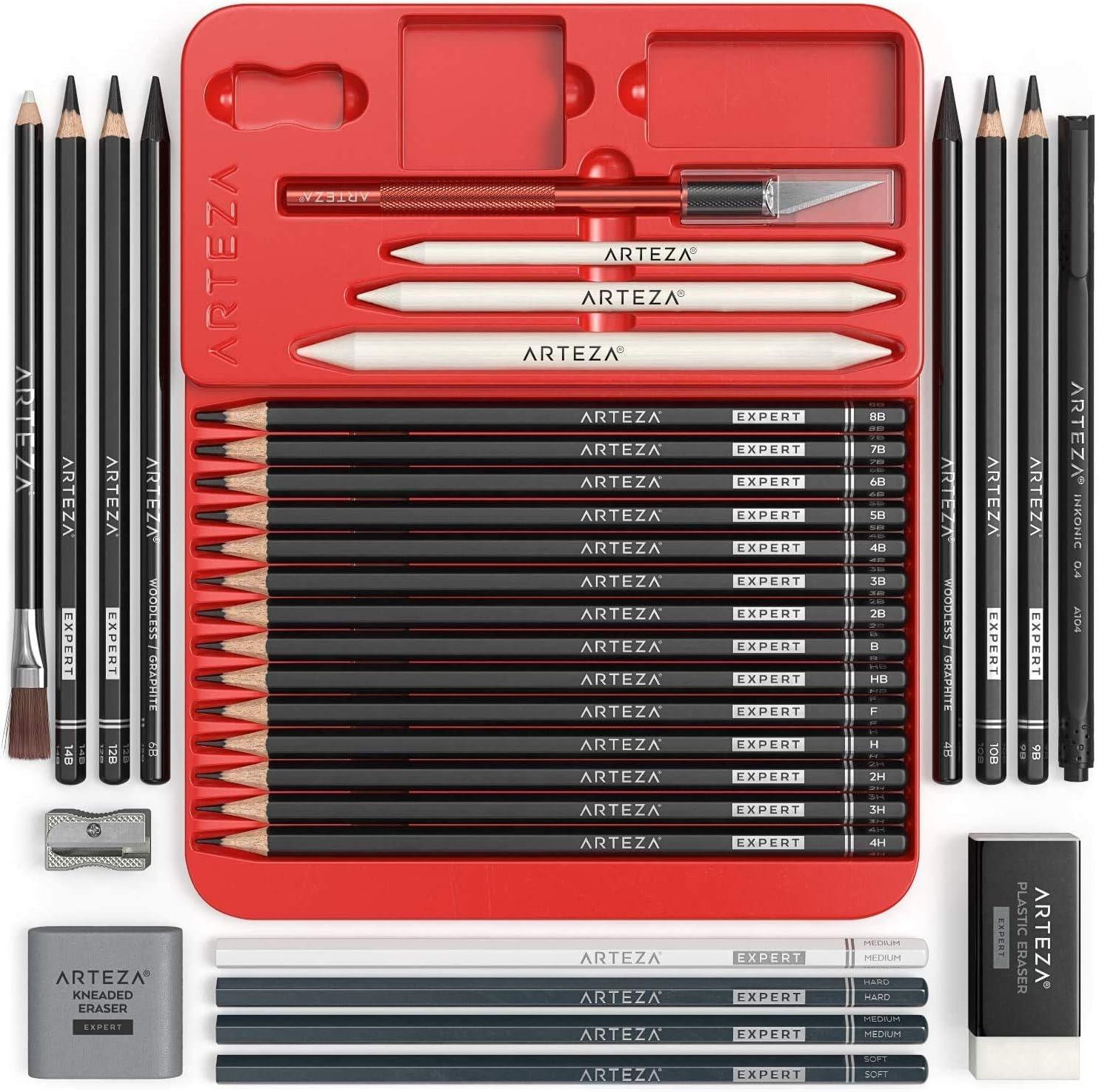 Arteza Drawing Set for Adults, Set of 33 Artist Sketching Tools, 20 Graphite & 4 Charcoal Sketch Pencils, 1 Fineliner, 3 Blenders, 1 Sharpener, 3 Erasers & 1 Hobby Knife, Art Supplies for Drawing