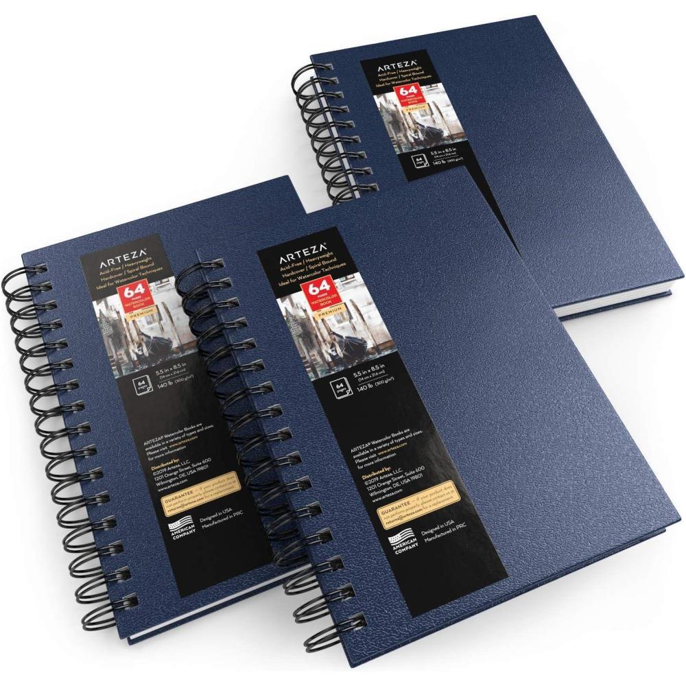 ARTEZA Watercolor Sketchbook, 2-Pack, 64 Pages Each, 9 x 12 Inches, Brown Hardcover, 140-Pound Spiral-Bound Paper(Blue)
