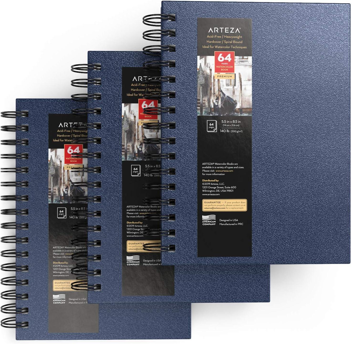 ARTEZA Watercolor Sketchbook, 2-Pack, 64 Pages Each, 9 x 12 Inches, Brown Hardcover, 140-Pound Spiral-Bound Paper(Blue)