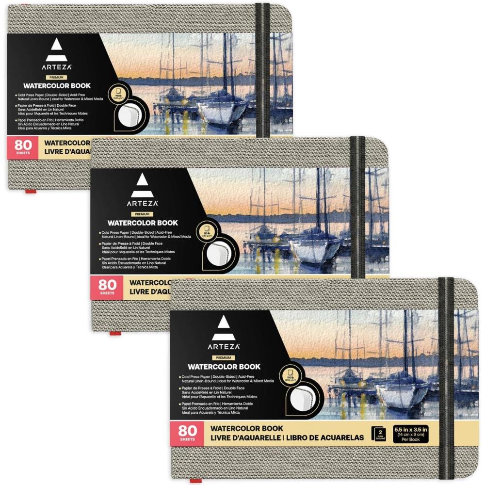 ARTEZA Watercolor Book, Pack of 3, 80 Pages Each, 3.5×5.5 Inch Watercolor Notebook, 110lb/230gsm Water Color Paper(Pack 3)