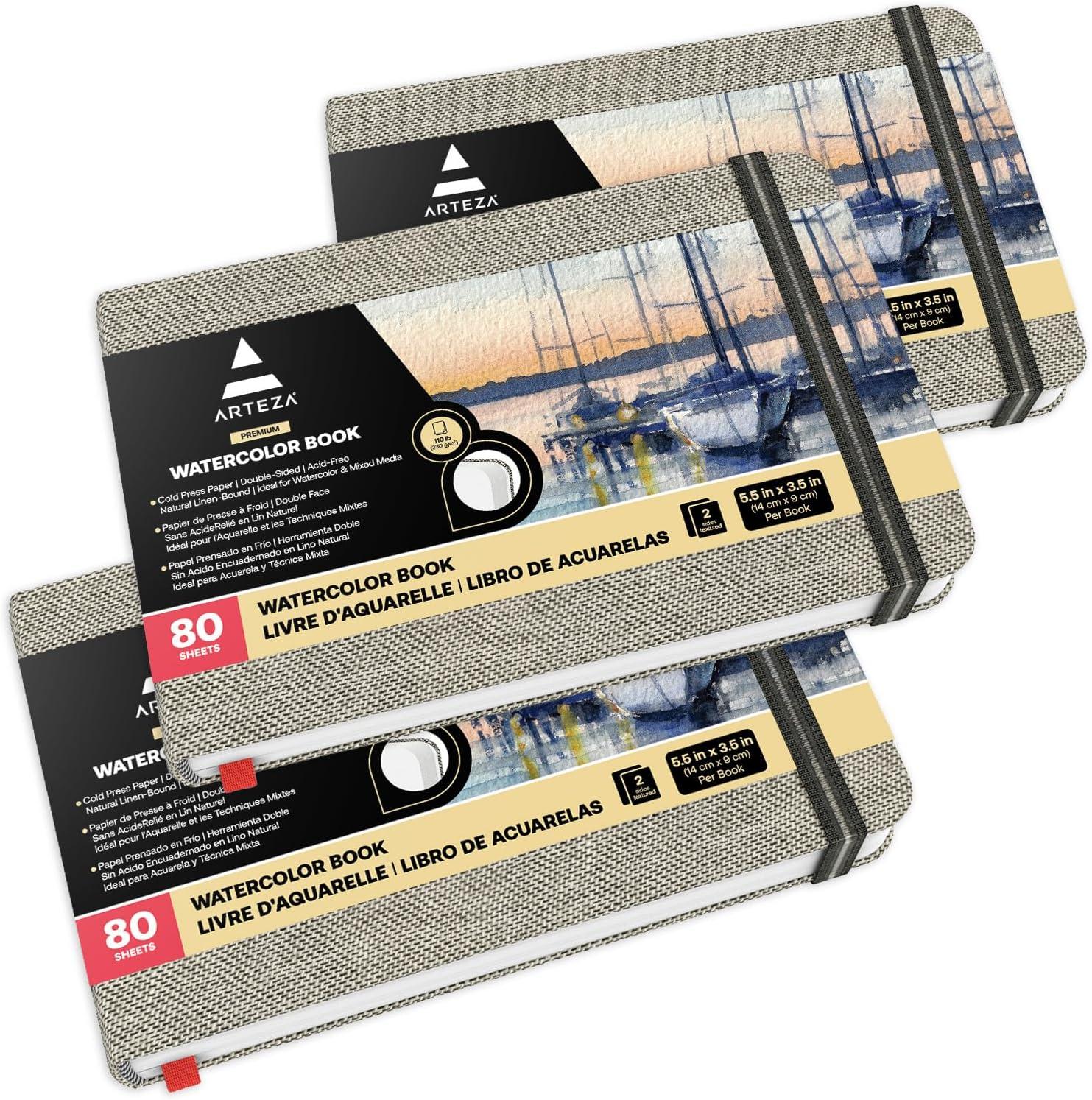 ARTEZA Watercolor Book, Pack of 3, 80 Pages Each, 3.5×5.5 Inch Watercolor Notebook, 110lb/230gsm Water Color Paper(Pack 3)