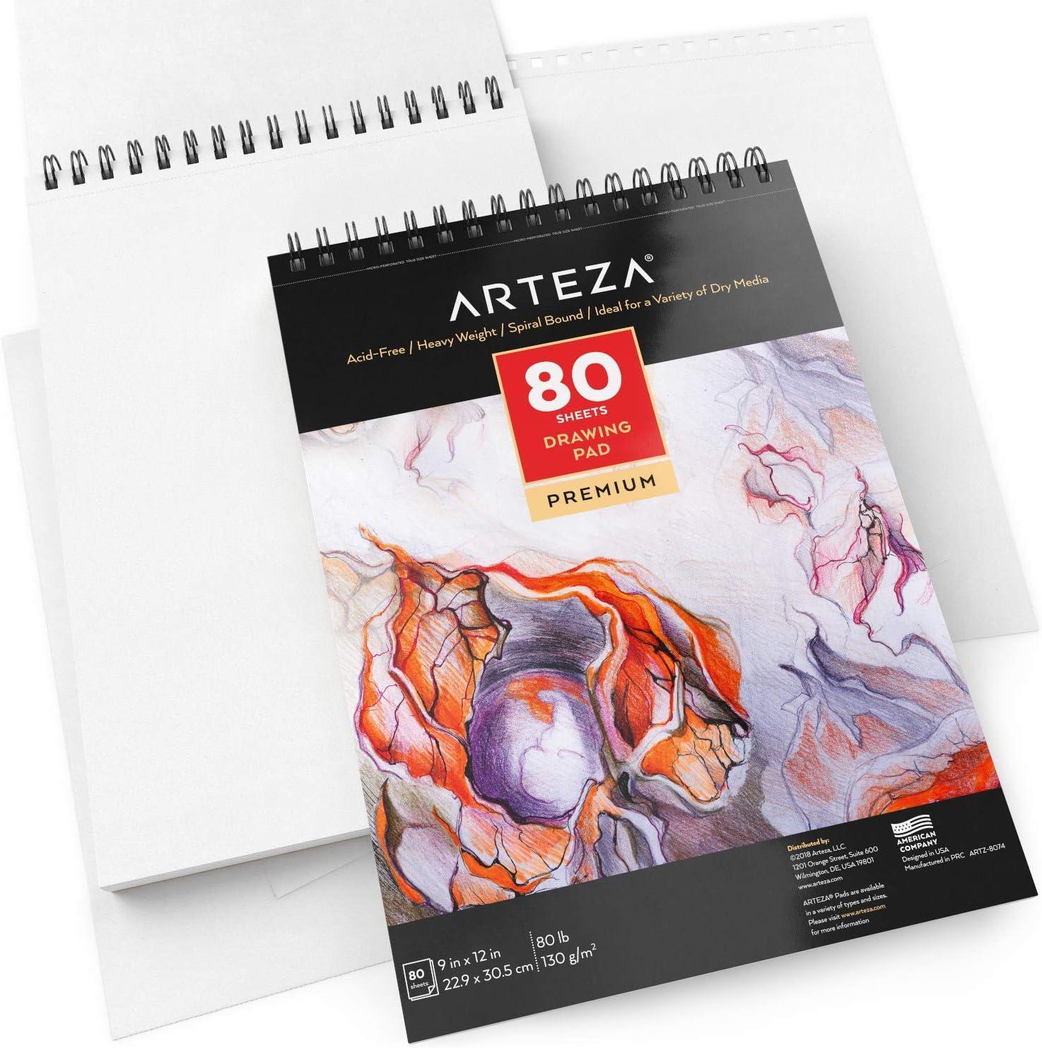 ARTEZA Artist Sketch Pad, 9×12 Inches – 2-Pack, 80 Spiral-Bound Sheets Each, Acid-Free 80 lb White Paper for Sketching, Drawing & Daily Art Practice(9 x 12 (Pack of 1))