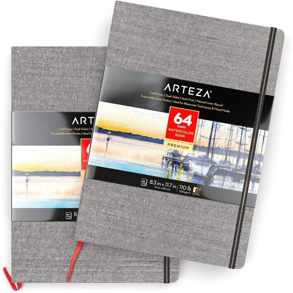 ARTEZA Watercolor Book, Pack of 2, 64 Pages Each, 8.3×11.7 Inches Watercolor Journal, 110lb/230gsm Water Color Book