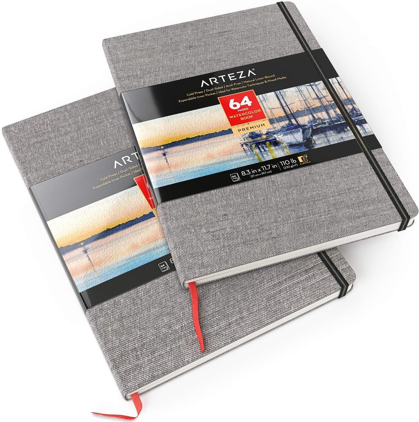 ARTEZA Watercolor Book, Pack of 2, 64 Pages Each, 8.3×11.7 Inches Watercolor Journal, 110lb/230gsm Water Color Book