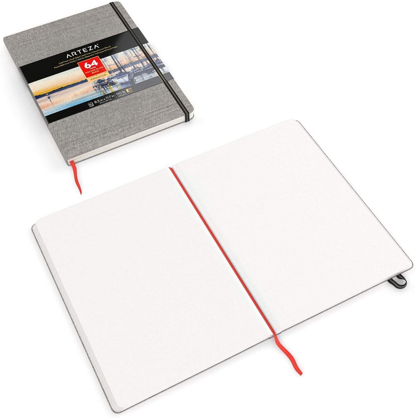 ARTEZA Watercolor Book, Pack of 2, 64 Pages Each, 8.3×11.7 Inches Watercolor Journal, 110lb/230gsm Water Color Book
