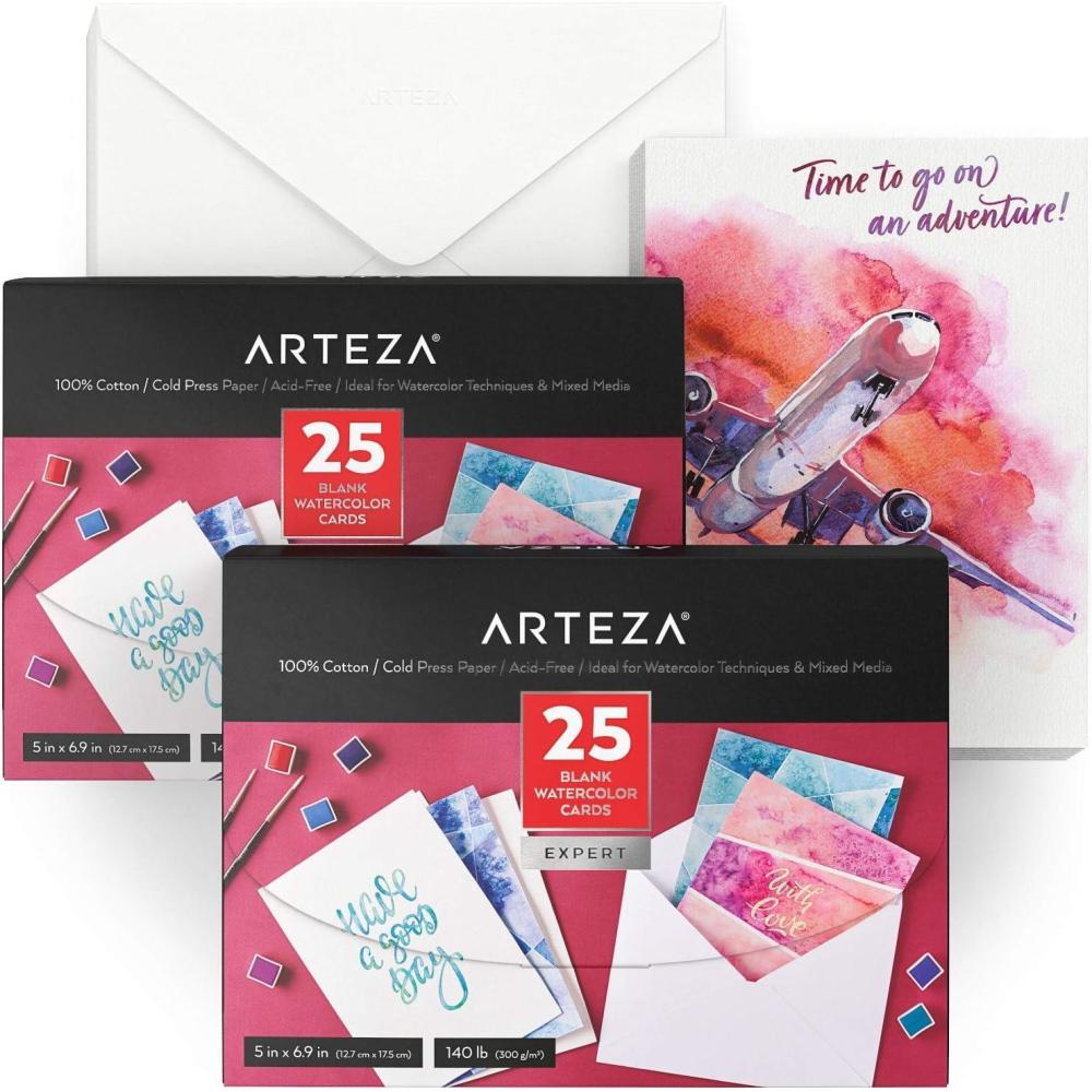 ARTEZA Blank Watercolor Cards with Envelopes, Set of 25, 5×6.9 Inches, 140 lb Watercolor Postcards, 100% Cotton Note Cards(50 pack (5×7 Inch))