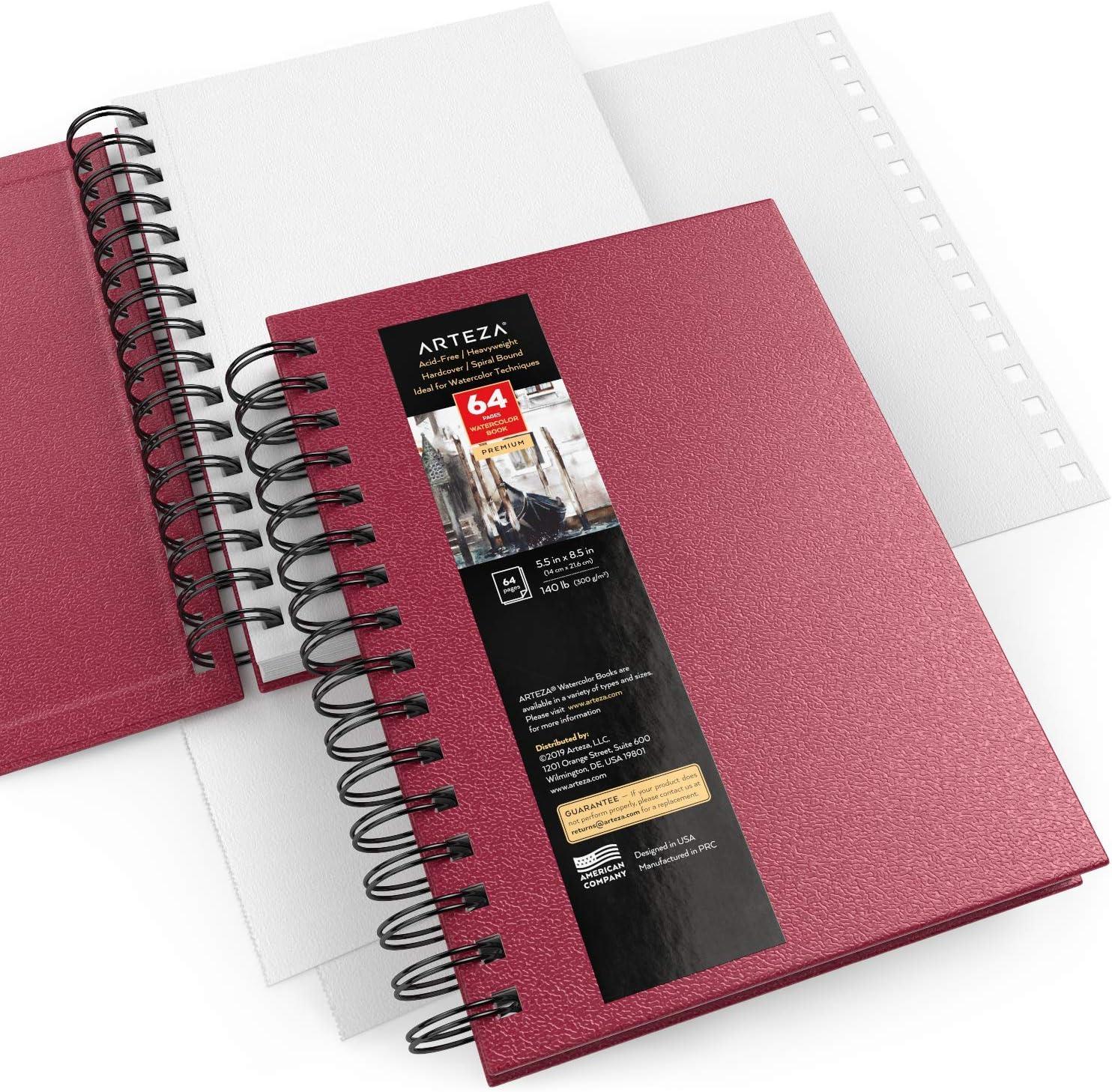 ARTEZA Watercolor Sketchbook, 2-Pack, 64 Pages Each, 9 x 12 Inches, Brown Hardcover, 140-Pound Spiral-Bound Paper(Pink)