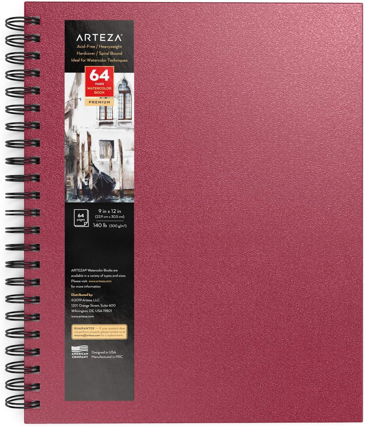 ARTEZA Watercolor Sketchbook, 2-Pack, 64 Pages Each, 9 x 12 Inches, Brown Hardcover, 140-Pound Spiral-Bound Paper(Pink)