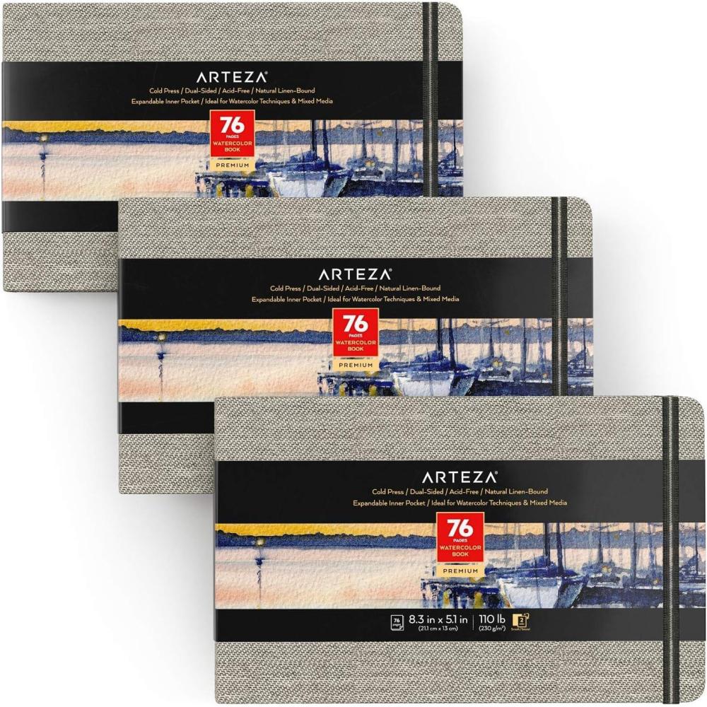 ARTEZA Watercolor Book, Pack of 3, 76 Pages Each, 5.1×8.3 Inch Watercolor Notebook, 110lb/230gsm Cold Pressed Water Pad(5.1×8.3″ 3 Pack)