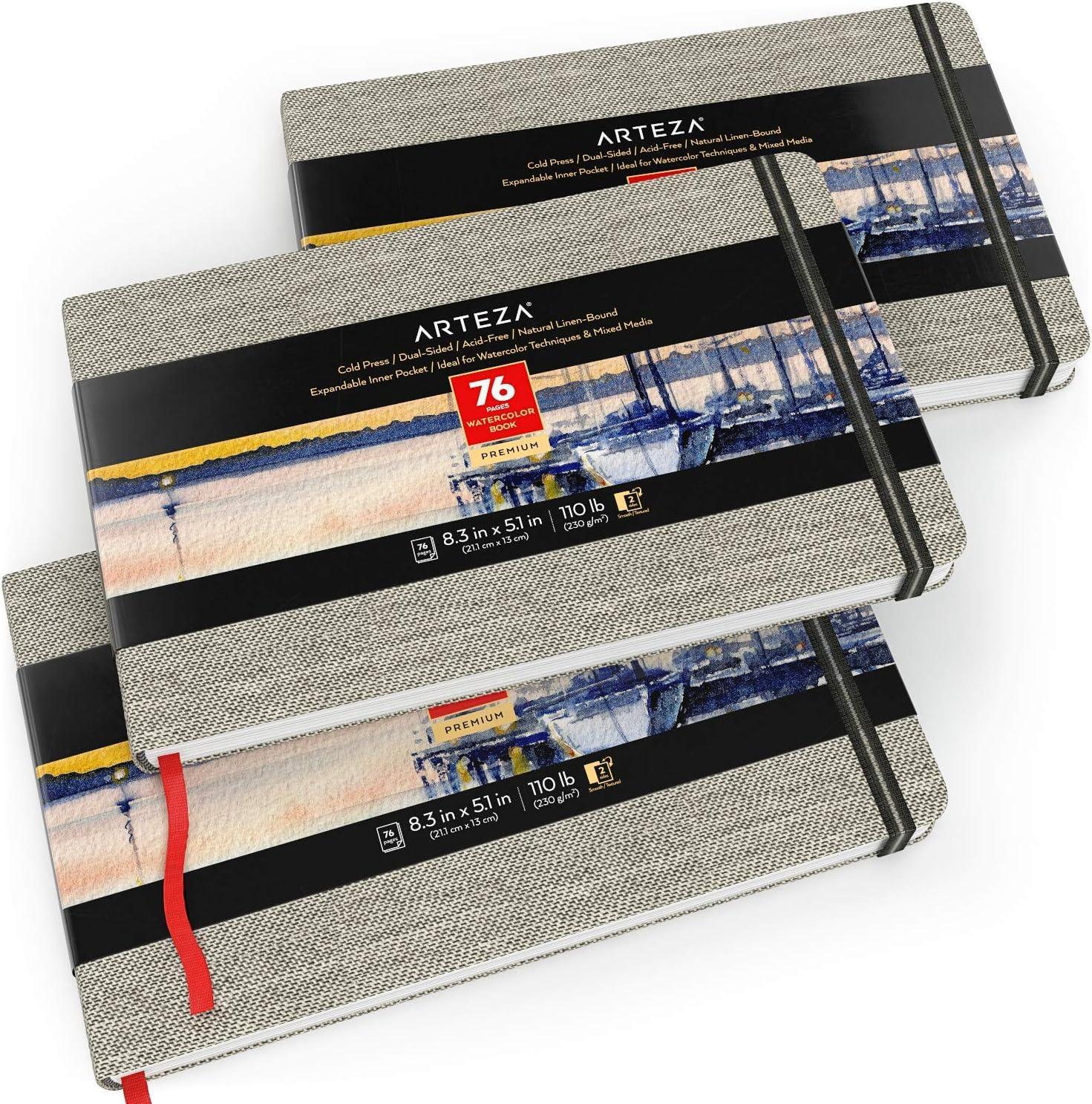 ARTEZA Watercolor Book, Pack of 3, 76 Pages Each, 5.1×8.3 Inch Watercolor Notebook, 110lb/230gsm Cold Pressed Water Pad(5.1×8.3″ 3 Pack)