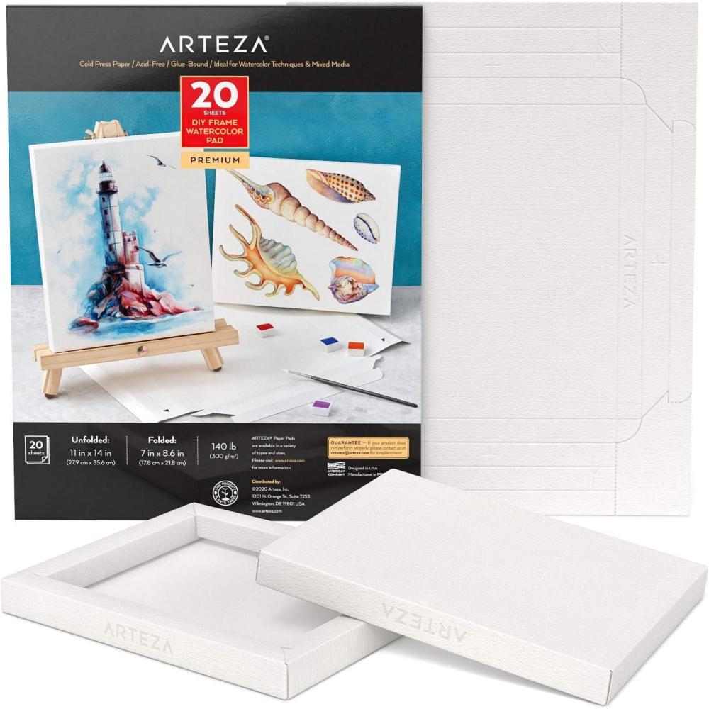 ARTEZA Watercolor Art Paper Pad, Foldable Canvas, 7×8.6 Inches, 20 Sheets, DIY Frame, Acid-Free Heavyweight 140-Pound Paper for Painting & Mixed Media