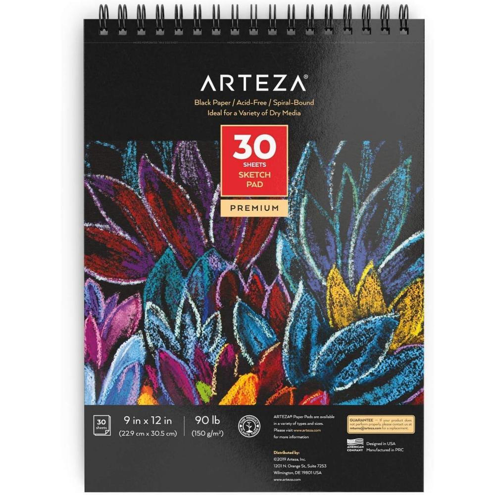 ARTEZA Spiral Sketch Book 9×12 Black Art Paper Drawing Pad 2 Pack 30 Sheets Sketch Pads for Drawing(1 Pack)