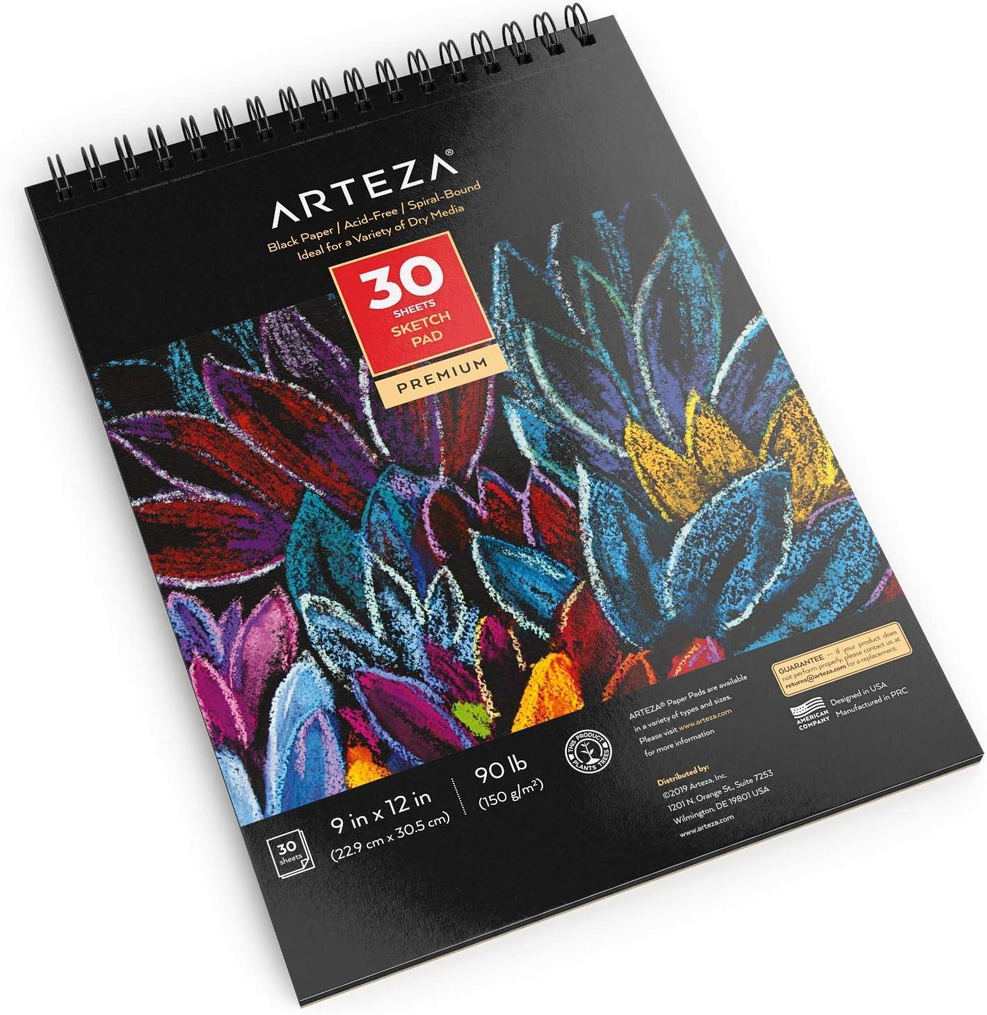 ARTEZA Spiral Sketch Book 9×12 Black Art Paper Drawing Pad 2 Pack 30 Sheets Sketch Pads for Drawing(1 Pack)