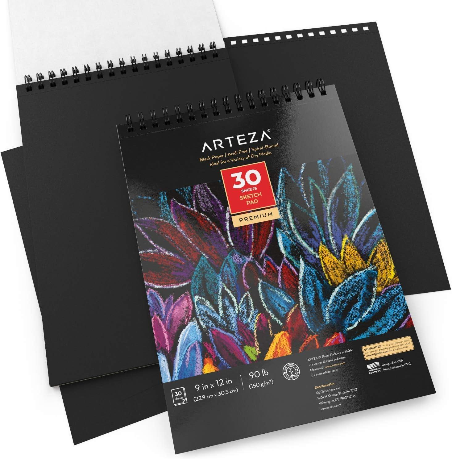ARTEZA Spiral Sketch Book 9×12 Black Art Paper Drawing Pad 2 Pack 30 Sheets Sketch Pads for Drawing(1 Pack)