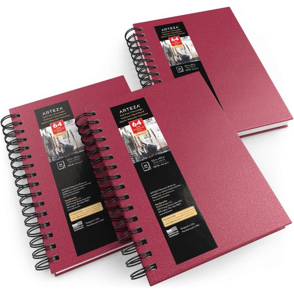ARTEZA Watercolor Sketchbook 2-Pack, 9×12 Inches – 64 Pages Each, Spiral-Bound 140 lb Cold Press Paper, Gray Hardcover Journal for Mixed Media(Pink)