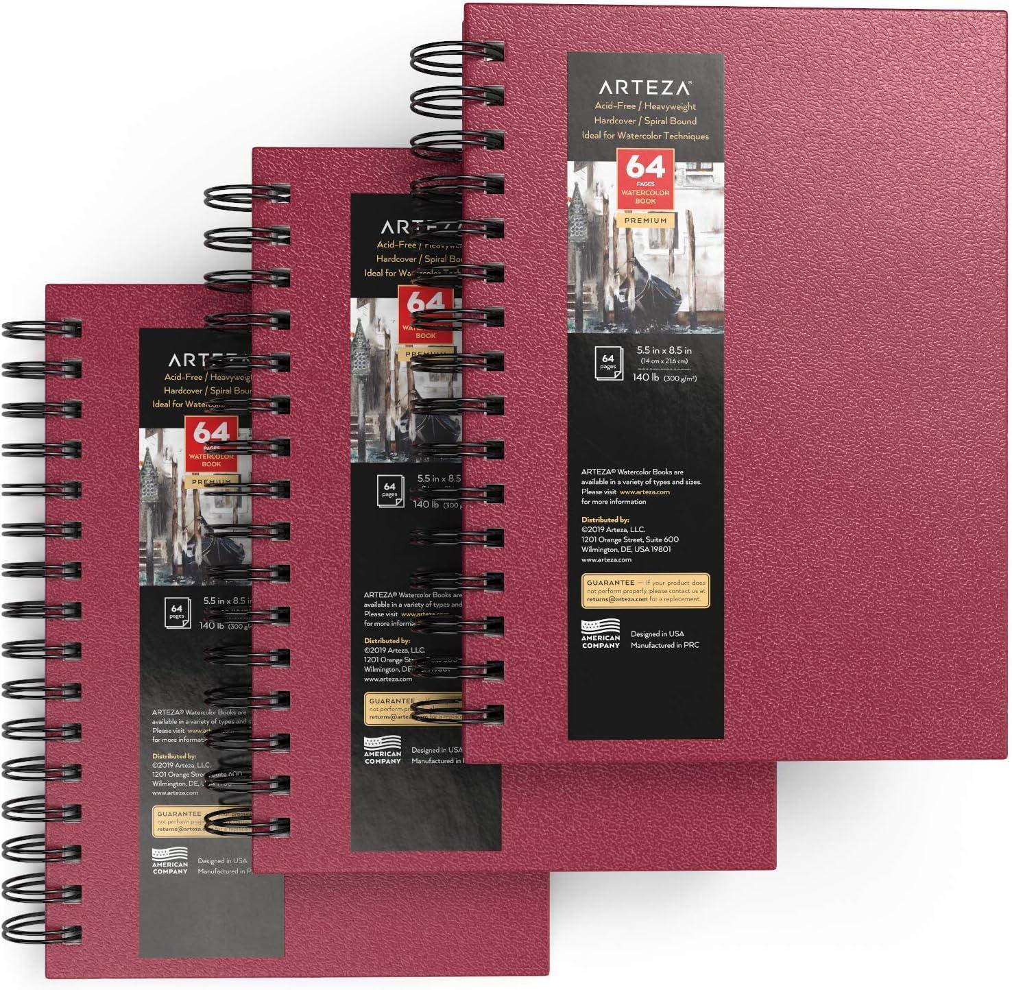 ARTEZA Watercolor Sketchbook 2-Pack, 9×12 Inches – 64 Pages Each, Spiral-Bound 140 lb Cold Press Paper, Gray Hardcover Journal for Mixed Media(Pink)
