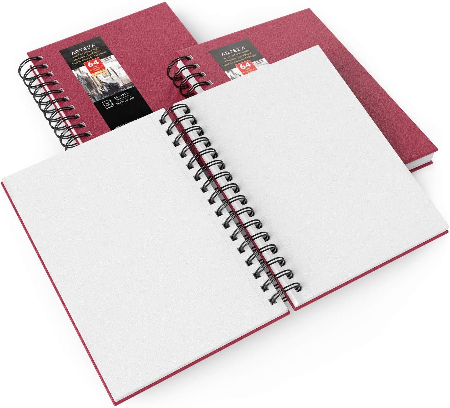 ARTEZA Watercolor Sketchbook 2-Pack, 9×12 Inches – 64 Pages Each, Spiral-Bound 140 lb Cold Press Paper, Gray Hardcover Journal for Mixed Media(Pink)