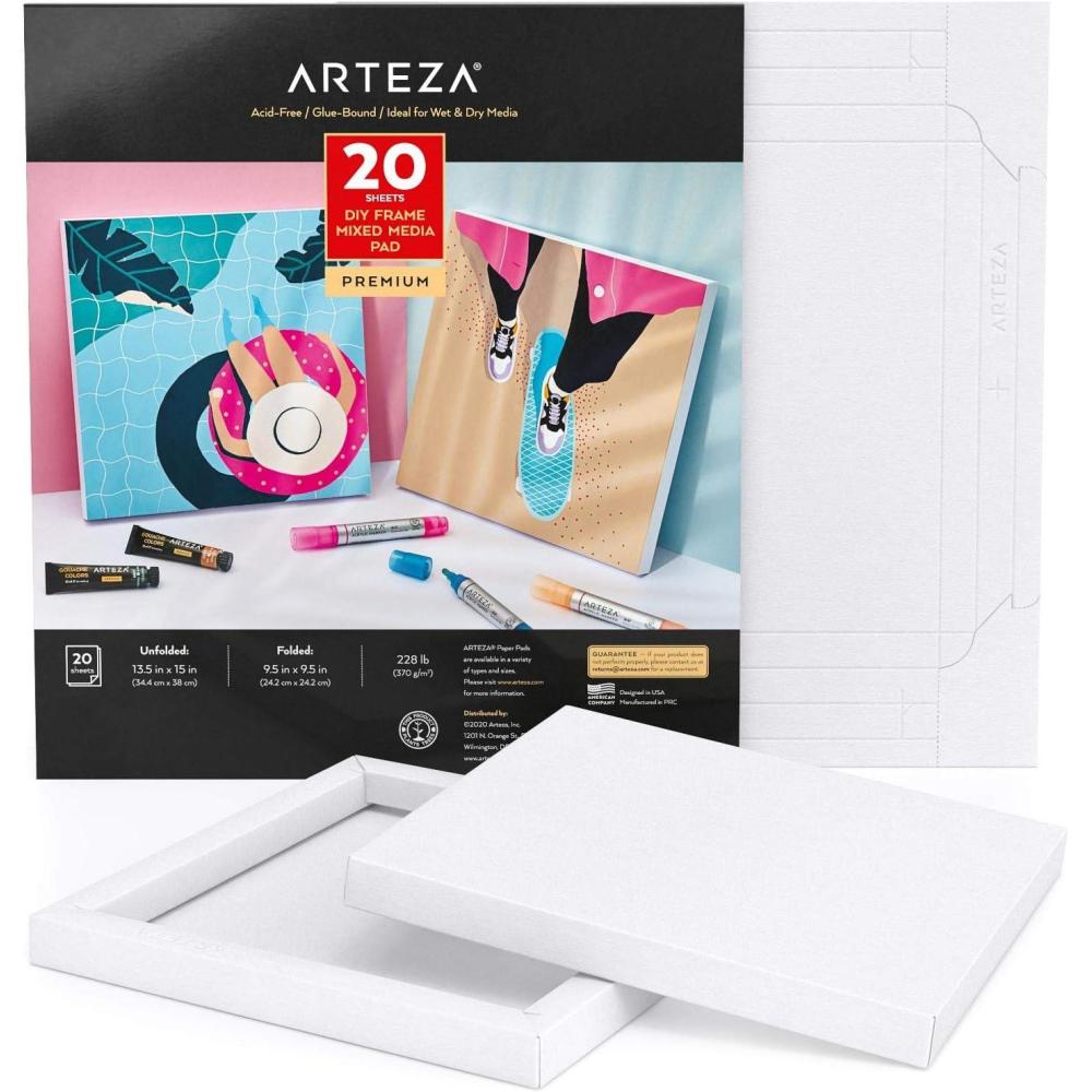 ARTEZA Mixed Media Paper Foldable Canvas Pad, 9.5×9.5 Inches, 20 Sheets, DIY Frame, Heavyweight Multimedia Paper, 228 lb, 370 GSM, Acid-Free, Art Supplies for Painting & Mixed Media Art