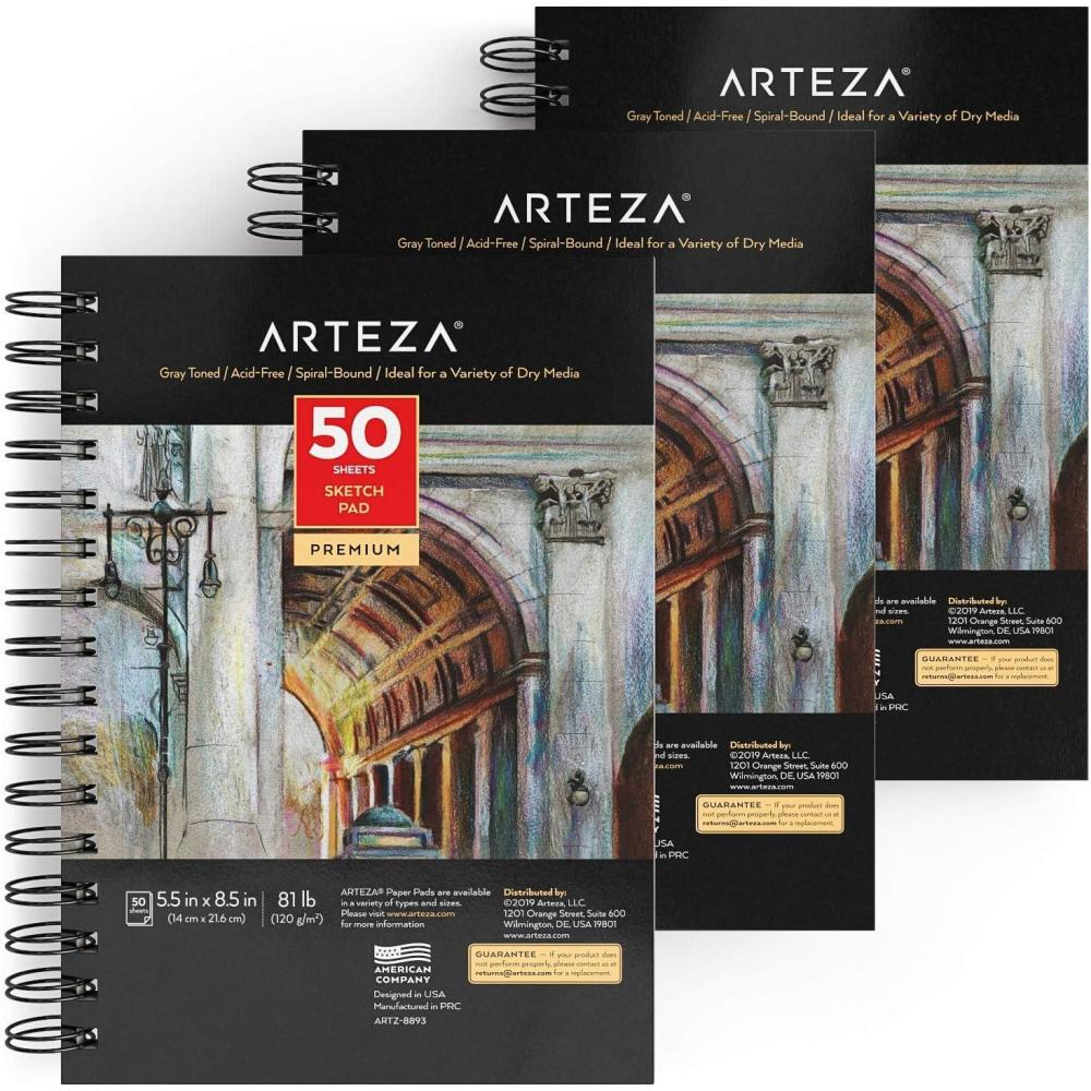 ARTEZA Spiral Sketch Book 5.5×8.5 Gray Art Paper Drawing Pad 3 Pack 50 Sheets Sketch Pads for Drawing