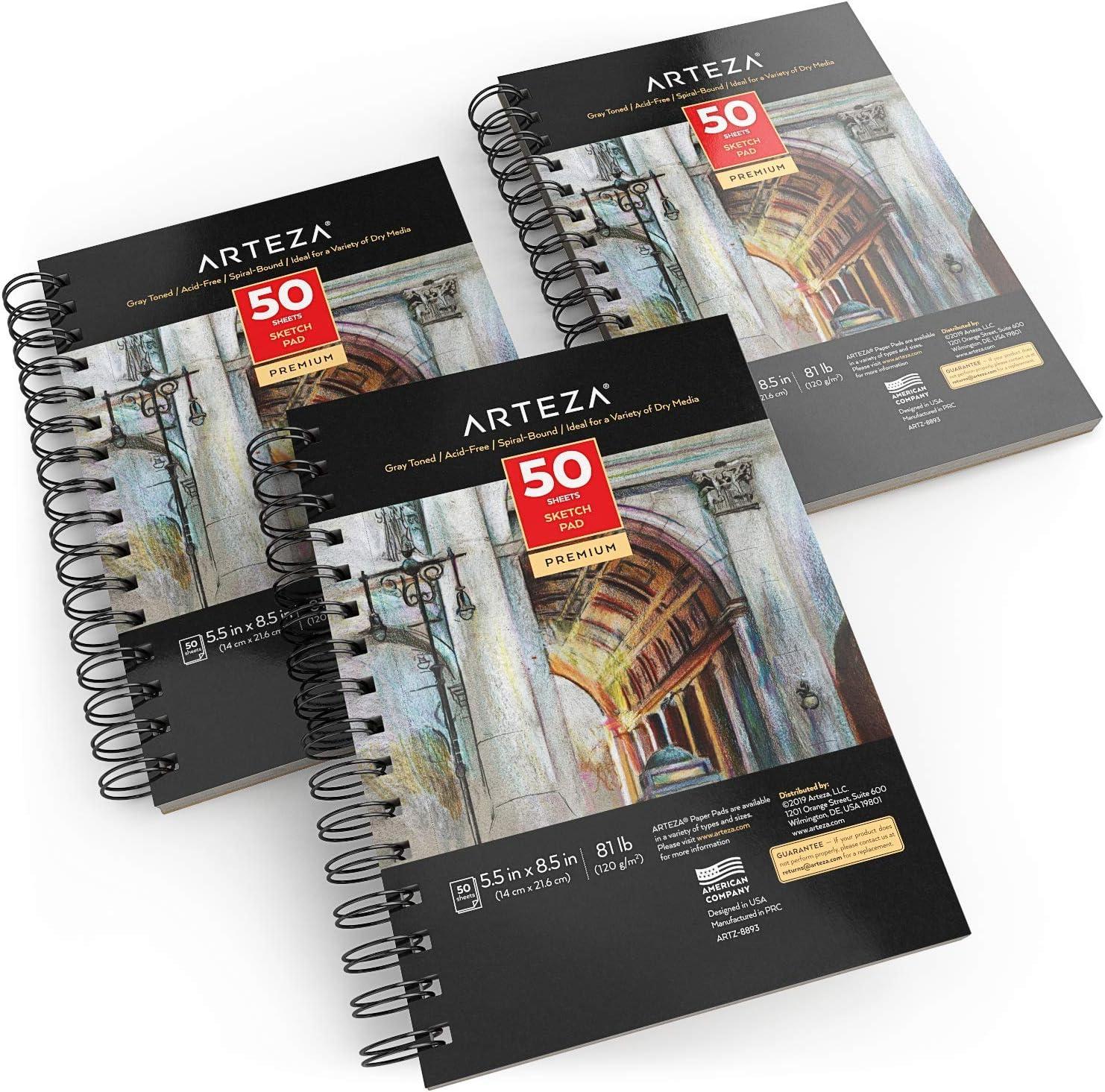 ARTEZA Spiral Sketch Book 5.5×8.5 Gray Art Paper Drawing Pad 3 Pack 50 Sheets Sketch Pads for Drawing