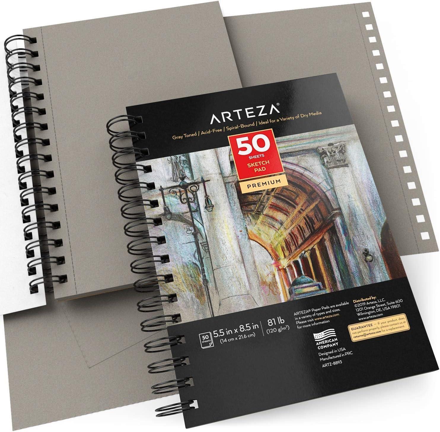 ARTEZA Spiral Sketch Book 5.5×8.5 Gray Art Paper Drawing Pad 3 Pack 50 Sheets Sketch Pads for Drawing