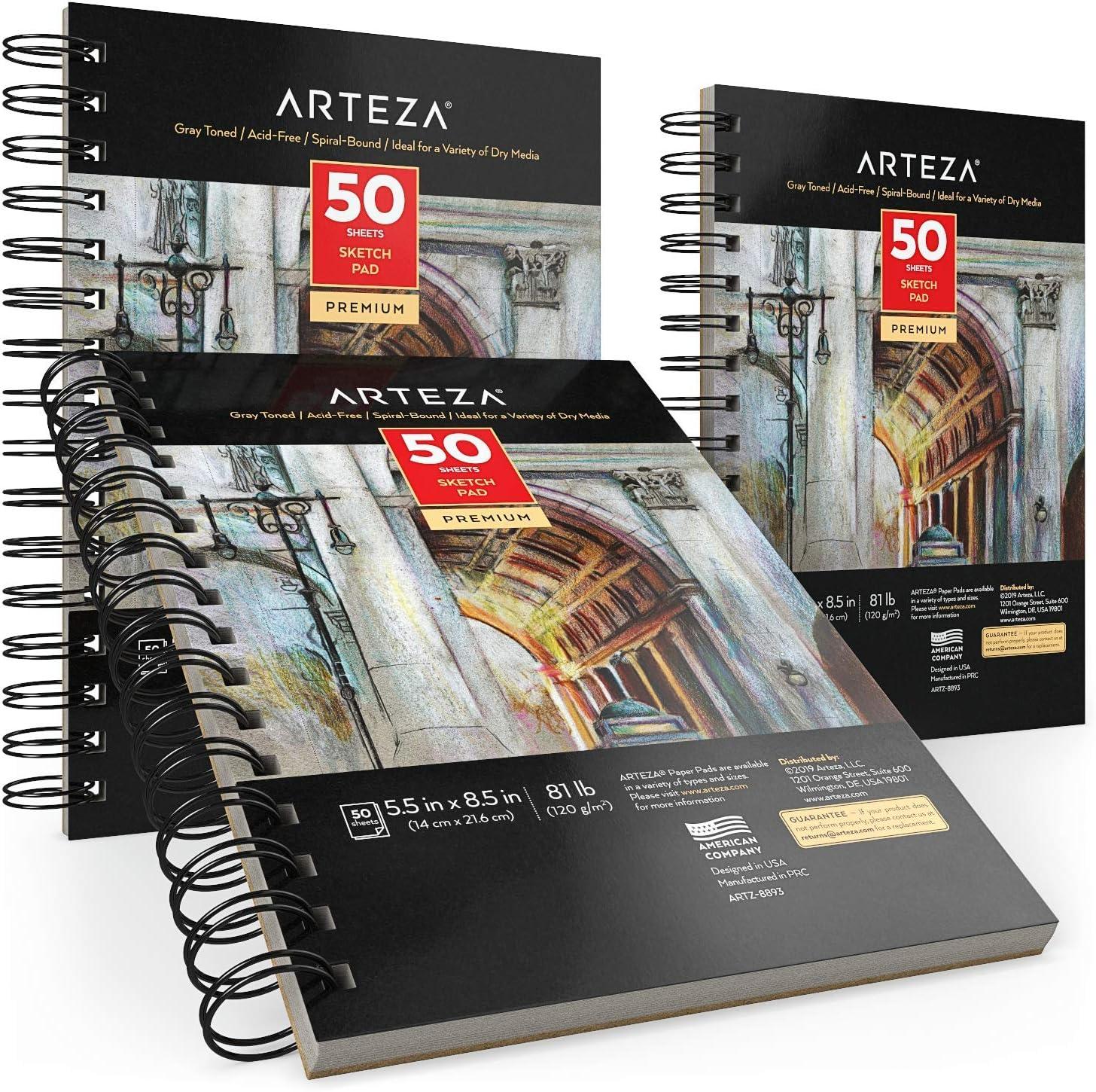 ARTEZA Spiral Sketch Book 5.5×8.5 Gray Art Paper Drawing Pad 3 Pack 50 Sheets Sketch Pads for Drawing