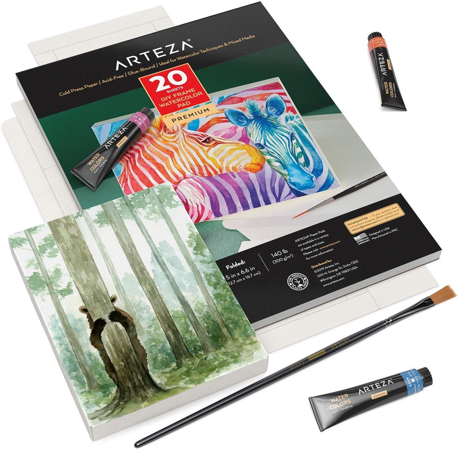 ARTEZA Watercolor Art Paper Foldable Canvas Pad, 5×6.6 Inches, 20 Sheets, DIY Frame(White)