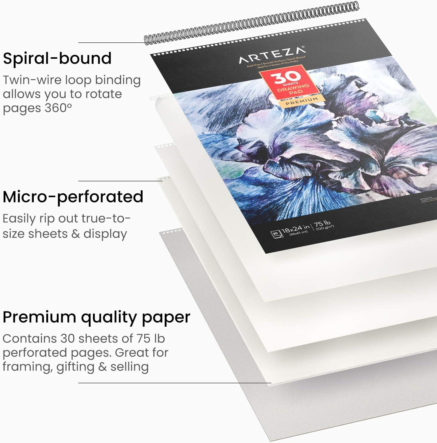ARTEZA Drawing Paper Pad, 18 x 24 Inches, Pack of 1, 30 Sheets, Spiral Bound Heavyweight White Paper with Micro-Perforation
