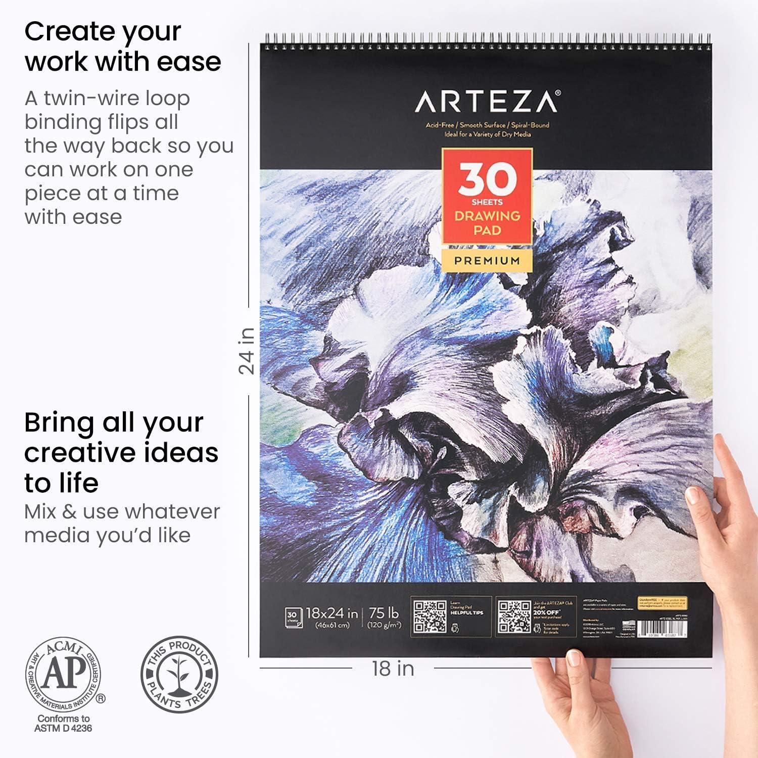 ARTEZA Drawing Paper Pad, 18 x 24 Inches, Pack of 1, 30 Sheets, Spiral Bound Heavyweight White Paper with Micro-Perforation