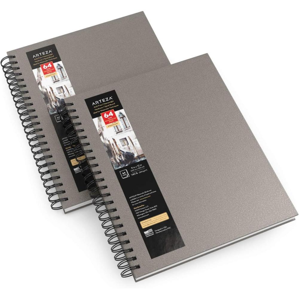 ARTEZA Watercolor Sketchbook 2-Pack, 9×12 Inches – 64 Pages Each, Spiral-Bound 140 lb Cold Press Paper, Gray Hardcover Journal for Mixed Media(Gray)
