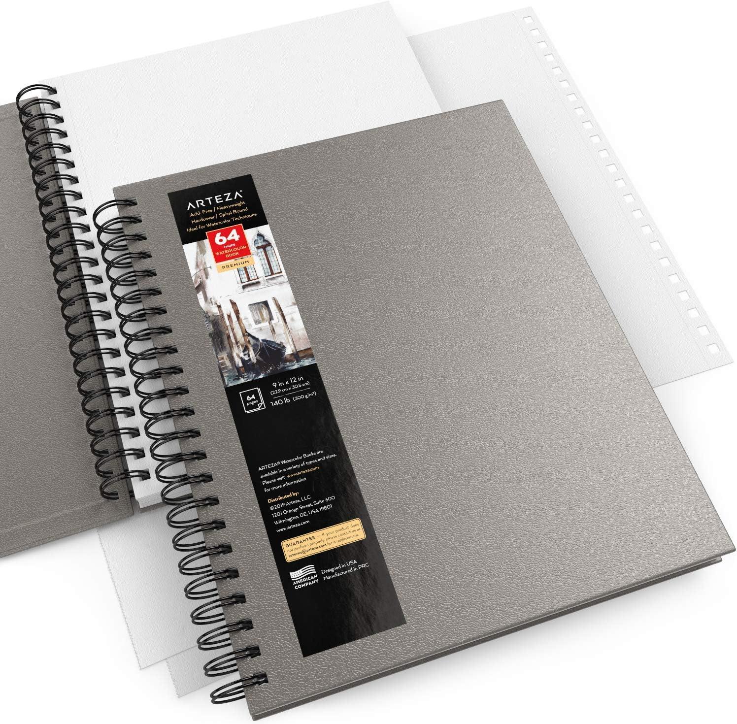 ARTEZA Watercolor Sketchbook 2-Pack, 9×12 Inches – 64 Pages Each, Spiral-Bound 140 lb Cold Press Paper, Gray Hardcover Journal for Mixed Media(Gray)