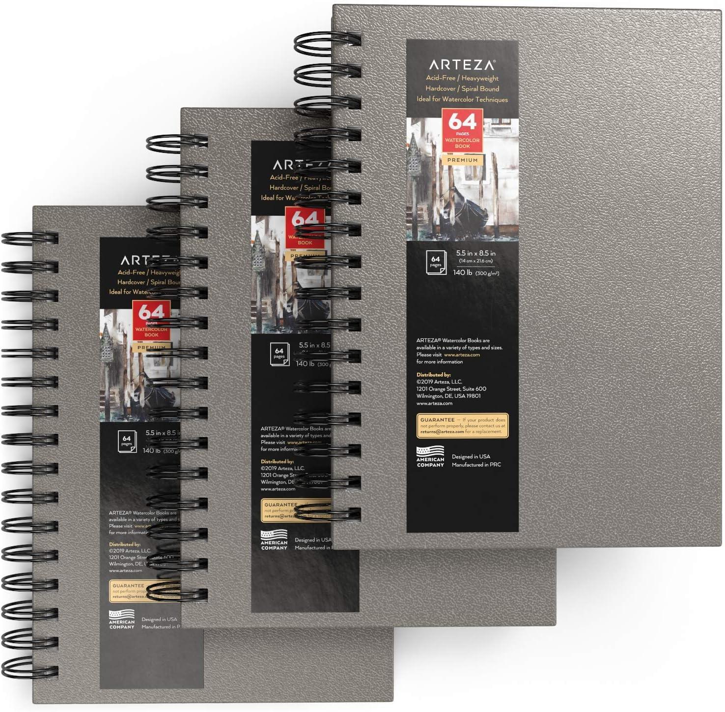 ARTEZA Watercolor Sketchbook 2-Pack, 9×12 Inches – 64 Pages Each, Spiral-Bound 140 lb Cold Press Paper, Gray Hardcover Journal for Mixed Media(Gray)