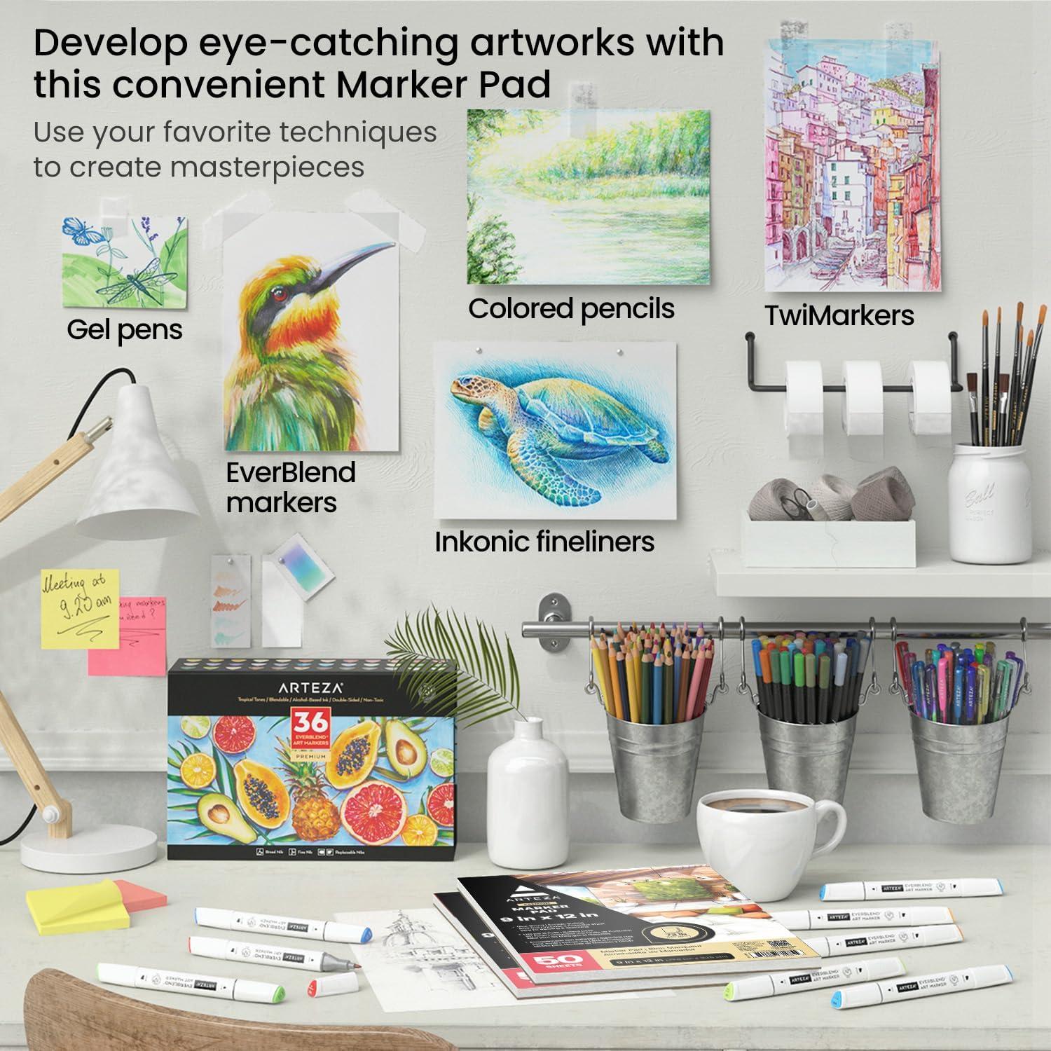 ARTEZA Marker Paper Pad 9×12 Drawing Pad 2 pack 50 Sheets Sketch Pads for Drawing for Adults & Teens(ef of 2 pk)