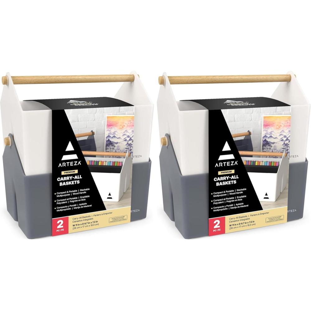 ARTEZA Plastic Portable Craft Storage Organizer, Pack of 2, Gray and Ivory, 3-Sectioned Plastic Basket with Handle, Caddy Organizer(Pack of 4)