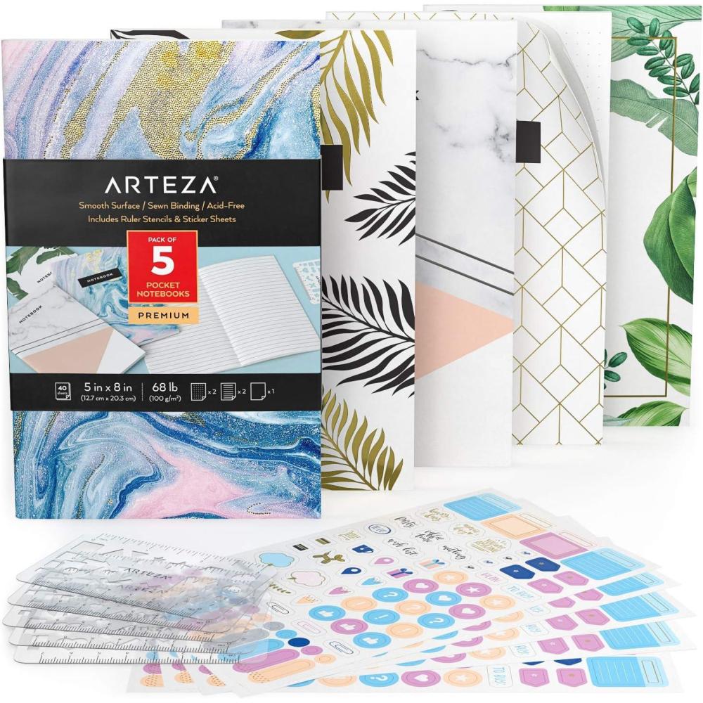 ARTEZA Pocket Notebooks, 5 x 8 Inches, Set of 5, 40 Sheets Each, Abstract Design, 2 Ruled, 2 Dotted and 1 Blank Softcover Journal with Smooth Paper(Various Designs)