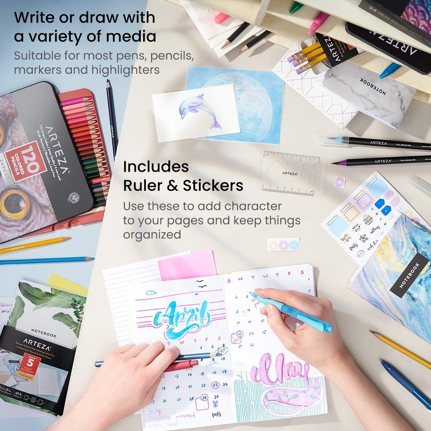 ARTEZA Pocket Notebooks, 5 x 8 Inches, Set of 5, 40 Sheets Each, Abstract Design, 2 Ruled, 2 Dotted and 1 Blank Softcover Journal with Smooth Paper(Various Designs)
