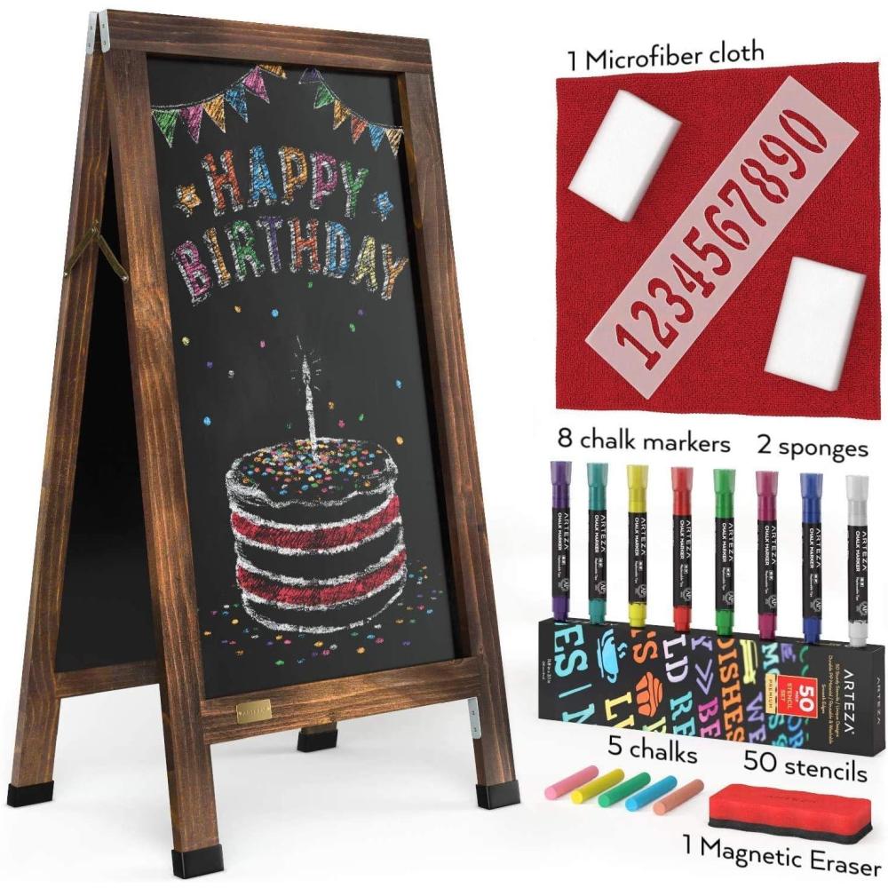 Arteza 40×20 Inch A-Frame Chalkboard Easel Set, Outdoor Chalkboard Sign with Chalk Sticks, Chalk Markers, Erasers, and Stencils, Standing Sign, Office Supplies for Businesses, Announcements & Events(40×20 Inch + Markers)