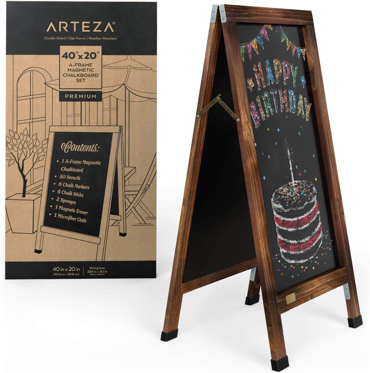 Arteza 40×20 Inch A-Frame Chalkboard Easel Set, Outdoor Chalkboard Sign with Chalk Sticks, Chalk Markers, Erasers, and Stencils, Standing Sign, Office Supplies for Businesses, Announcements & Events(40×20 Inch + Markers)