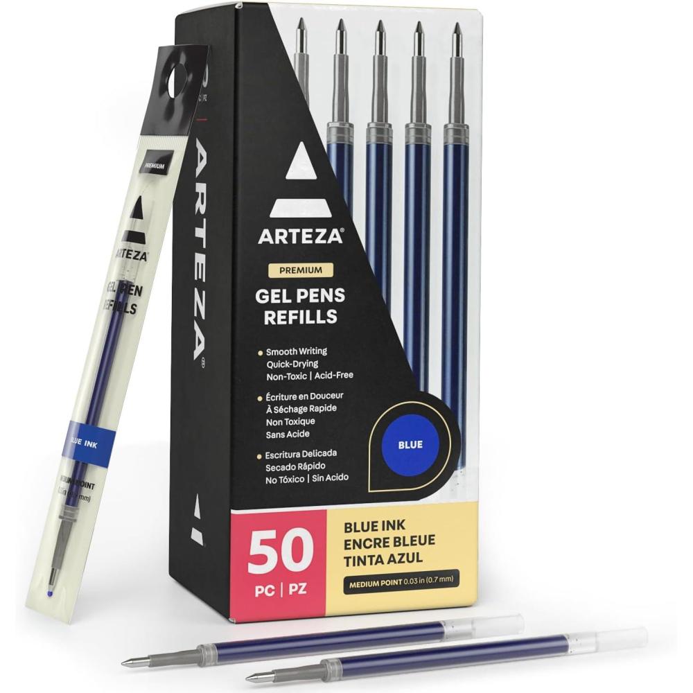 ARTEZA Gel Pen Refills, Pack of 50 – Blue Ink Rollerball Refills with Fine Tip, Quick-Drying, Non-Toxic, for Office, School & Everyday Writing(Pack of 50 (Refills))