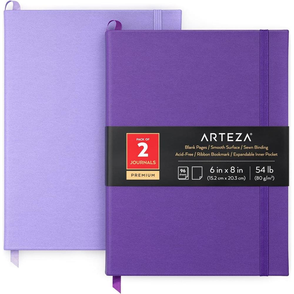 Arteza Journal Blank Page Notebooks, Pack of 2, 6 x 8 inches, 96 Sheets, Hunter Green and Saddle, Hardcover Notepads with Smooth Blank Paper for Writing, Journaling(Lavender & Purple)