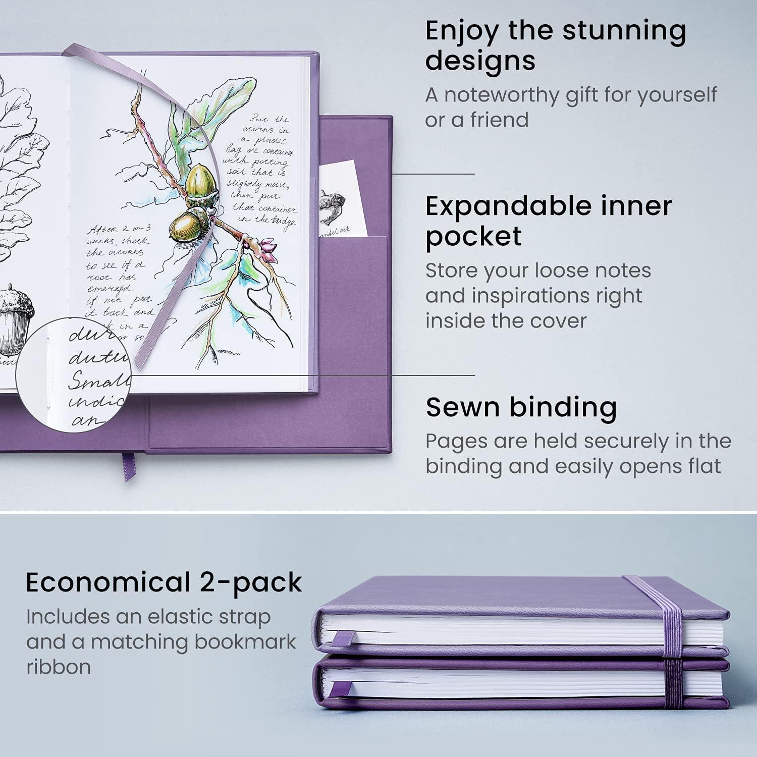 Arteza Journal Blank Page Notebooks, Pack of 2, 6 x 8 inches, 96 Sheets, Hunter Green and Saddle, Hardcover Notepads with Smooth Blank Paper for Writing, Journaling(Lavender & Purple)
