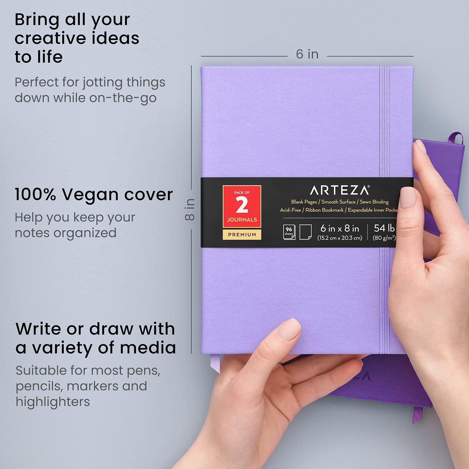 Arteza Journal Blank Page Notebooks, Pack of 2, 6 x 8 inches, 96 Sheets, Hunter Green and Saddle, Hardcover Notepads with Smooth Blank Paper for Writing, Journaling(Lavender & Purple)