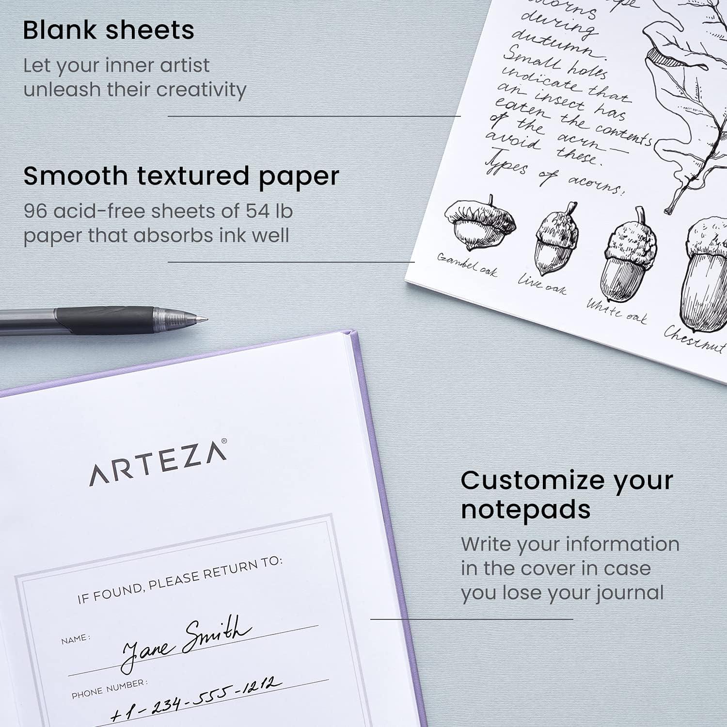 Arteza Journal Blank Page Notebooks, Pack of 2, 6 x 8 inches, 96 Sheets, Hunter Green and Saddle, Hardcover Notepads with Smooth Blank Paper for Writing, Journaling(Lavender & Purple)