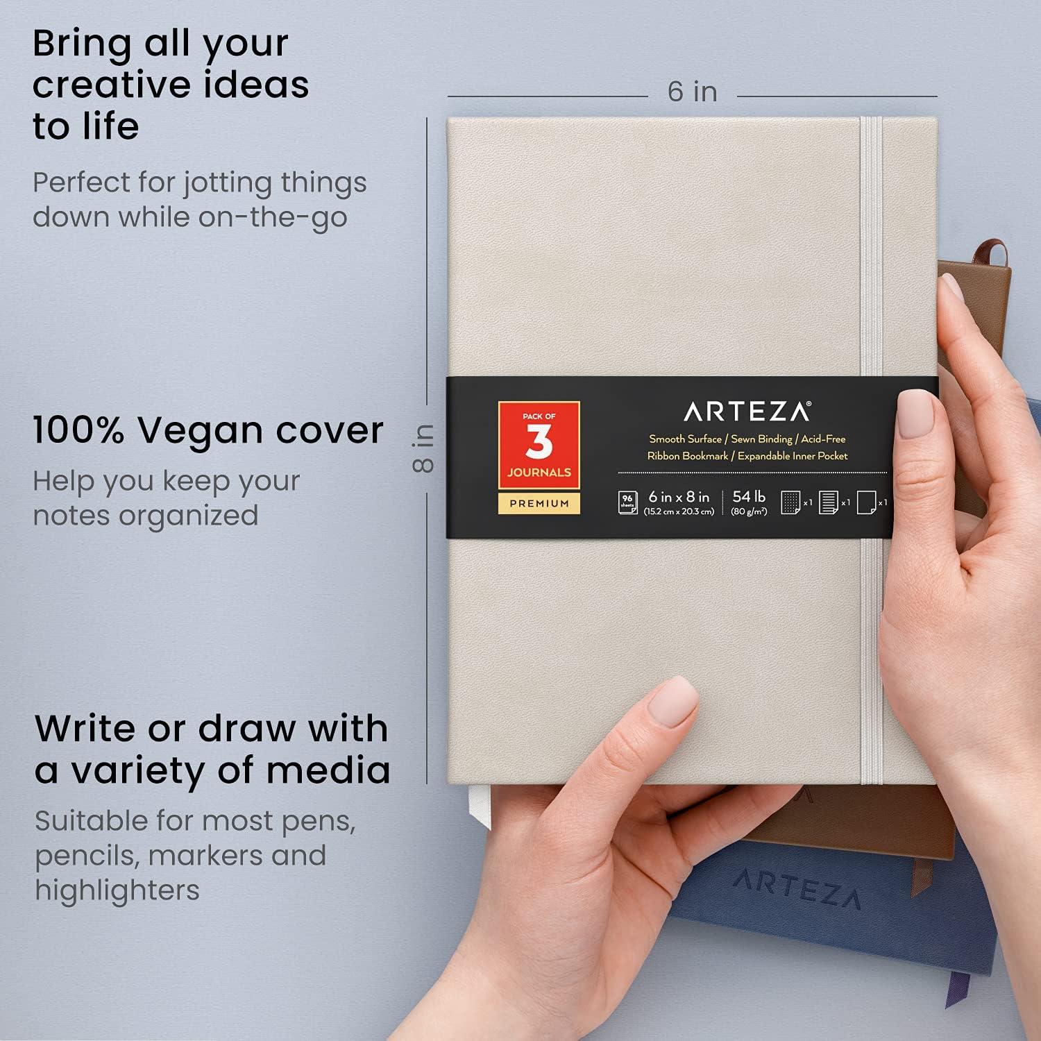 ARTEZA Journals, Pack of 3, 6×8 inch, 96 Sheets, Light Pink, Dark Pink, and Maroon, Hardcover Notebooks with Smooth Lined, Blank and Dotted Paper(Gray Blue  Gray & Brown Gray)