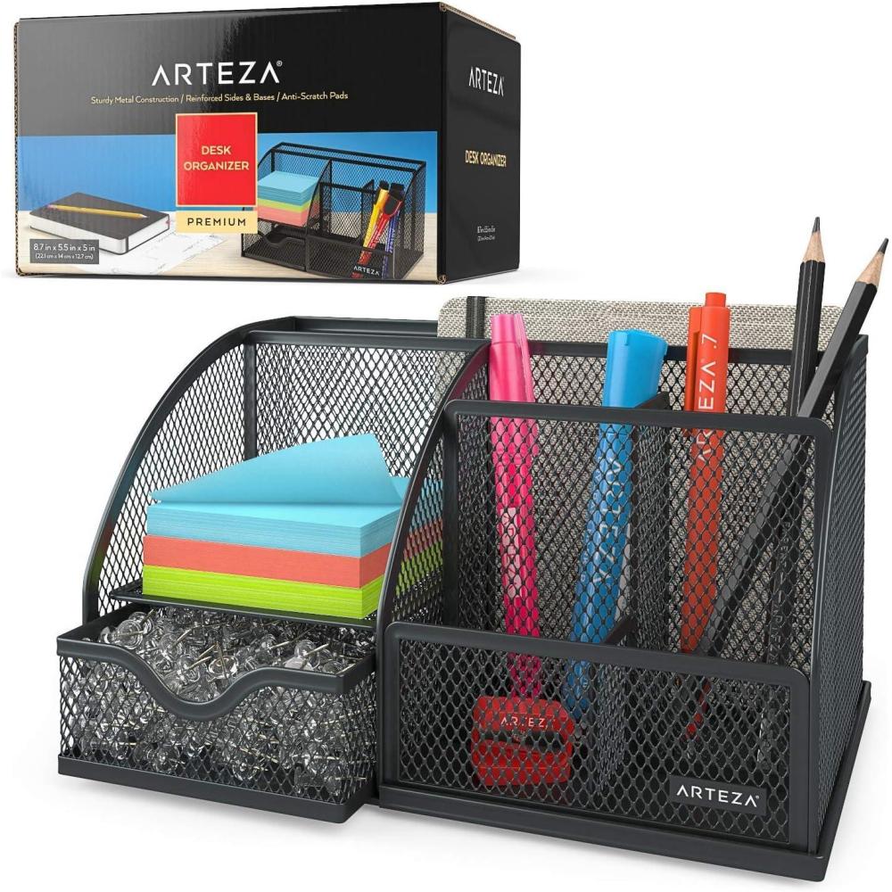 Arteza Mesh Metal Office Desk Organizer with Drawer, 6-Compartment Multi-Functional Design Holds Office Supplies & Accessories Like Pens, Pencils, Notes, Staplers & Scissors (Black)(6 Compartment)