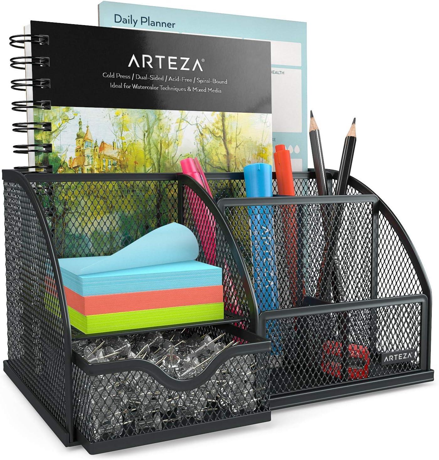 Arteza Mesh Metal Office Desk Organizer with Drawer, 6-Compartment Multi-Functional Design Holds Office Supplies & Accessories Like Pens, Pencils, Notes, Staplers & Scissors (Black)(6 Compartment)