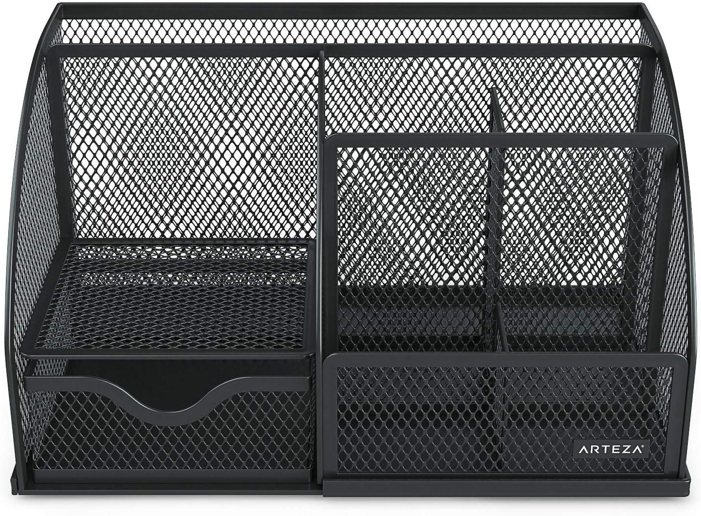 Arteza Mesh Metal Office Desk Organizer with Drawer, 6-Compartment Multi-Functional Design Holds Office Supplies & Accessories Like Pens, Pencils, Notes, Staplers & Scissors (Black)(6 Compartment)