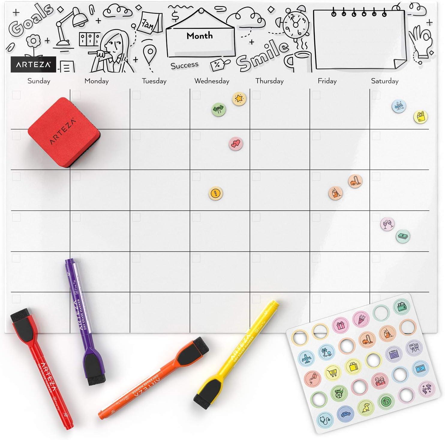 ARTEZA Dry Erase Magnetic Weekly Calendar Set (17×12 Inch), with 12 Whiteboard Markers, 30 Magnets, 2 Erasers, Organizer, Kitchen Planner Chart for Refrigerator, Fridge(13″W x 17″H)